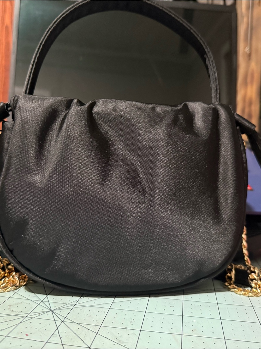 Black Satin Shoulder Bag with Gold Chain Accent